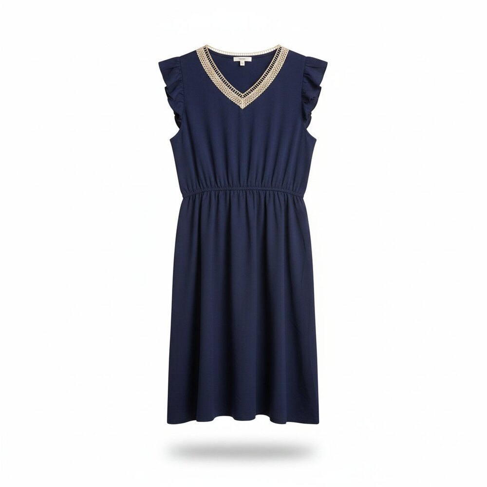 NWOT | Navy Blue Flutter Sleeve Dress | Crochet Lace V-Neck Detail | Size 14